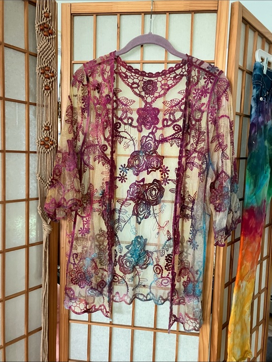 missworld77 Tops - HAND DYED Tie Dye Sheer Mesh Embroidered Kimono - See Measurements OOAK